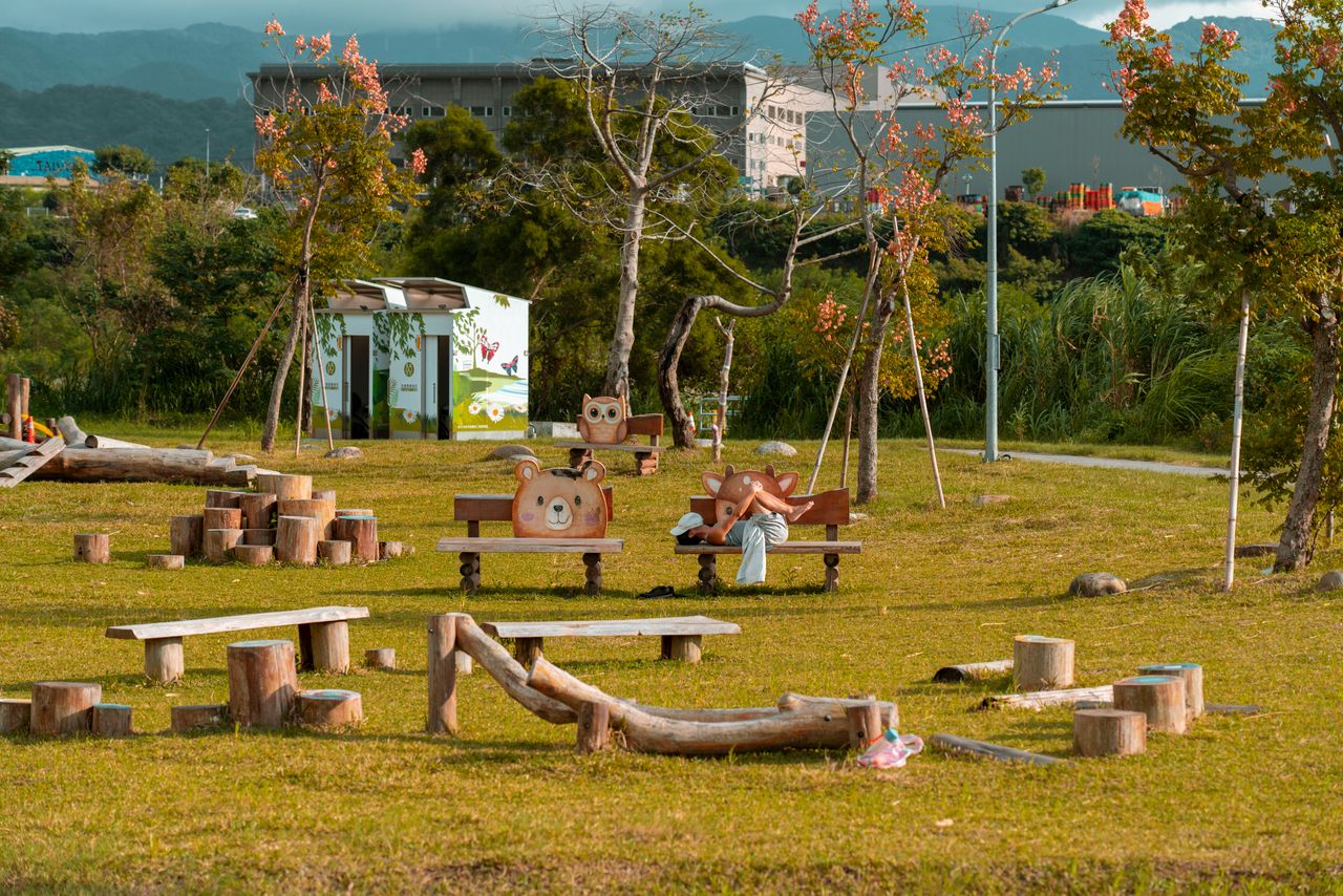 services-02 A scenic urban park featuring wooden benches, vibrant green grass, trees, and playful structures amidst a serene backdrop.